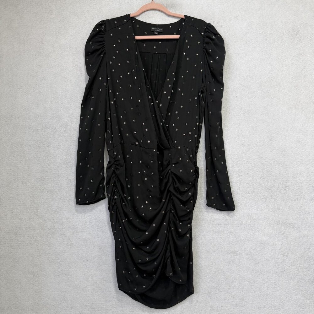 Current Air Dress Womens Large Black Star Wrap Ruched Long Sleeve Bodycon Party